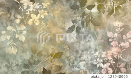 A whimsical and dreamy faded botanical design with a grainy gradient and muted colors that create a soft and romantic feel. The design showcases a variety of flowers and leaves in shade A whimsical and dreamy faded botanical design with a grainy gradient and muted colors that create a soft and romantic feel. The design showcases a variety of flowers and leaves in shade 128948996