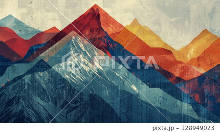 This bold and edgy design highlights a grainy mountain range in an abstract almost pixelated style. The sharp lines and bold colors give off a sense of energy and strength like a mountai 128949023