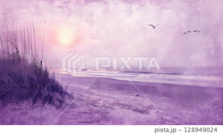 Shades of purple and pink blend seamlessly in this grainy beach scene creating a soft and ethereal ambiance. The fine grain texture adds an interesting dimension to the image and invite 128949024