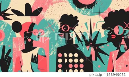 A vintageinspired festival poster with a modern twist. A soft grainy texture in shades of pink and teal serves as the backdrop for whimsical illustrations and bold typography creatin 128949051