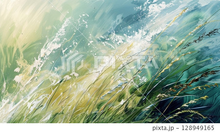 An ethereal abstract painting with sweeping brushstrokes resembling the flow of water and the sway of tall grass 128949165