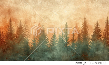 A simplistic yet striking image showcasing a textured autumn forest in a grainy gradient of sepia burnt orange and sage green inviting the viewer to step into the peacefulness of th 128949166