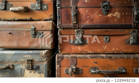 An assortment of vintage leather suitcases stacked on top of each other showcasing the evolution of luggage styles from the early 1900s to the 1960s An assortment of vintage leather suitcases stacked on top of each other showcasing the evolution of luggage styles from the early 1900s to the 1960s 128949218