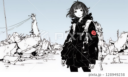 震災や空爆などで破壊された街で孤独に立ちすくむ若い女性（シンプルな色合い）