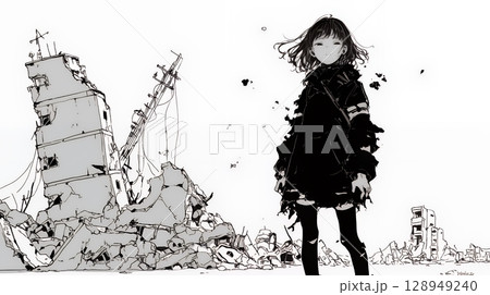 震災や空爆などで破壊された街で孤独に立ちすくむ若い女性（シンプルな色合い）