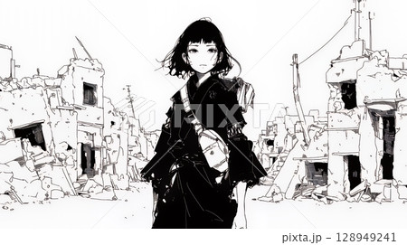 震災や空爆などで破壊された街で孤独に立ちすくむ若い女性（シンプルな色合い）