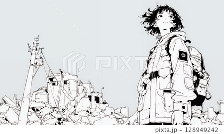 震災や空爆などで破壊された街で孤独に立ちすくむ若い女性（シンプルな色合い）
