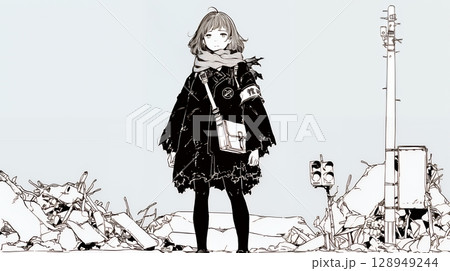 震災や空爆などで破壊された街で孤独に立ちすくむ若い女性（シンプルな色合い）