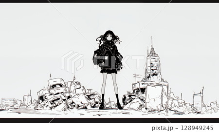 震災や空爆などで破壊された街で孤独に立ちすくむ若い女性（シンプルな色合い）