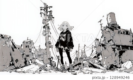 震災や空爆などで破壊された街で孤独に立ちすくむ若い女性（シンプルな色合い）