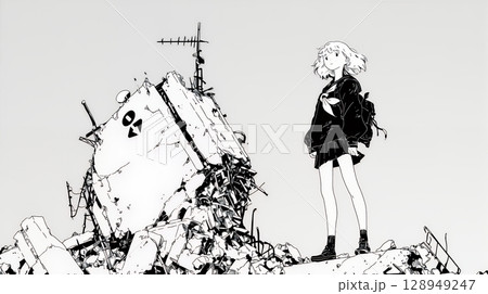 震災や空爆などで破壊された街で孤独に立ちすくむ若い女性（シンプルな色合い）