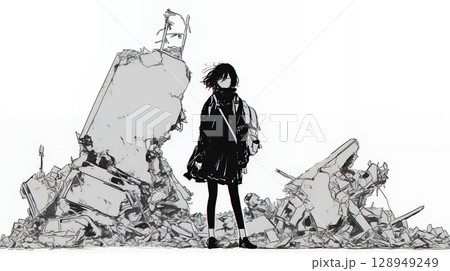 震災や空爆などで破壊された街で孤独に立ちすくむ若い女性（シンプルな色合い）