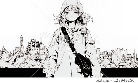 震災や空爆などで破壊された街で孤独に立ちすくむ若い女性（シンプルな色合い）