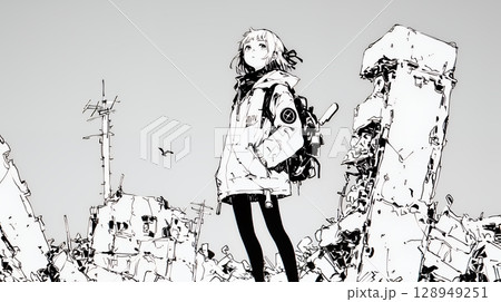 震災や空爆などで破壊された街で孤独に立ちすくむ若い女性（シンプルな色合い）