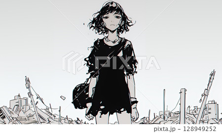 震災や空爆などで破壊された街で孤独に立ちすくむ若い女性（シンプルな色合い）