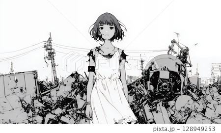 震災や空爆などで破壊された街で孤独に立ちすくむ若い女性（シンプルな色合い）