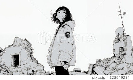 震災や空爆などで破壊された街で孤独に立ちすくむ若い女性（シンプルな色合い）