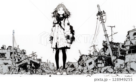 震災や空爆などで破壊された街で孤独に立ちすくむ若い女性（シンプルな色合い）