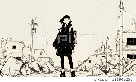 震災や空爆などで破壊された街で孤独に立ちすくむ若い女性（シンプルな色合い）