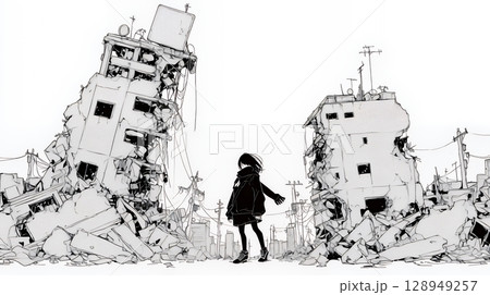 震災や空爆などで破壊された街で孤独に立ちすくむ若い女性（シンプルな色合い）