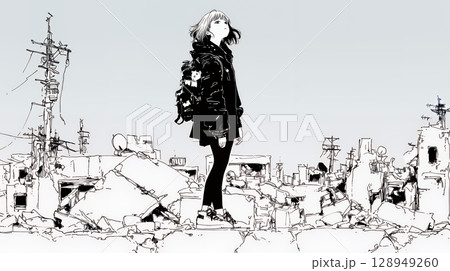 震災や空爆などで破壊された街で孤独に立ちすくむ若い女性（シンプルな色合い）