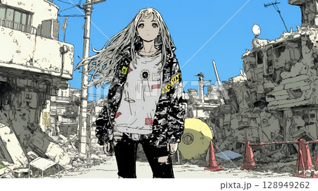 震災や空爆などで破壊された街で孤独に立ちすくむ若い女性