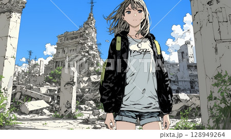 震災や空爆などで破壊された街で孤独に立ちすくむ若い女性