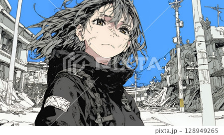 震災や空爆などで破壊された街で孤独に立ちすくむ若い女性