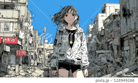 震災や空爆などで破壊された街で孤独に立ちすくむ若い女性