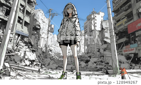 震災や空爆などで破壊された街で孤独に立ちすくむ若い女性
