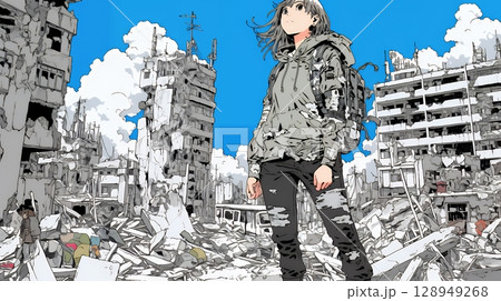 震災や空爆などで破壊された街で孤独に立ちすくむ若い女性