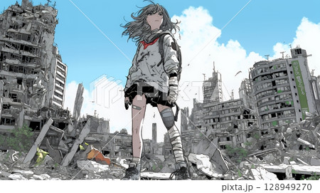 震災や空爆などで破壊された街で孤独に立ちすくむ若い女性