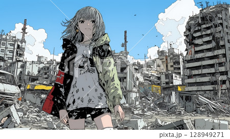 震災や空爆などで破壊された街で孤独に立ちすくむ若い女性