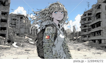 震災や空爆などで破壊された街で孤独に立ちすくむ若い女性