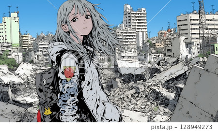 震災や空爆などで破壊された街で孤独に立ちすくむ若い女性
