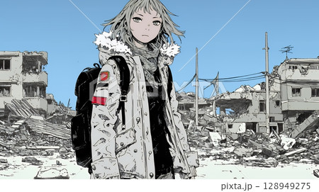 震災や空爆などで破壊された街で孤独に立ちすくむ若い女性