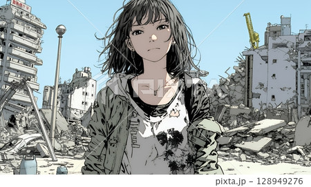 震災や空爆などで破壊された街で孤独に立ちすくむ若い女性