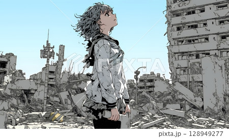 震災や空爆などで破壊された街で孤独に立ちすくむ若い女性