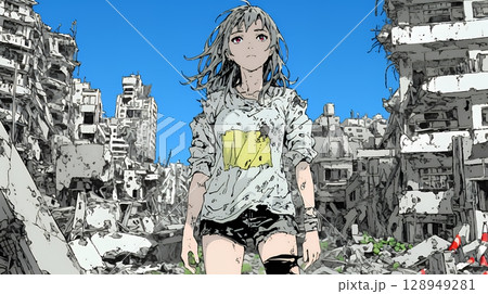 震災や空爆などで破壊された街で孤独に立ちすくむ若い女性