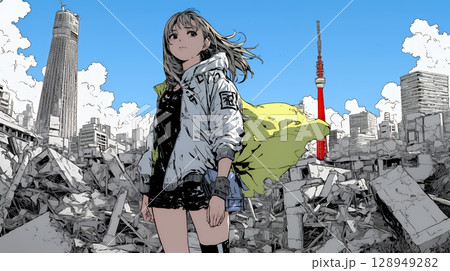 震災や空爆などで破壊された街で孤独に立ちすくむ若い女性