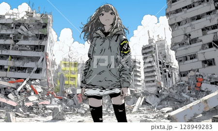 震災や空爆などで破壊された街で孤独に立ちすくむ若い女性