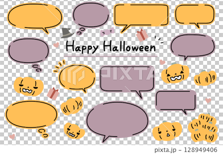 手書き風かわいいハロウィンのかぼちゃのイラストと吹き出しのセット お化けカボチャ ジャックオランタン 128949406