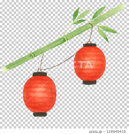 Set of lanterns hanging from bamboo (PNG cutout) 128949410