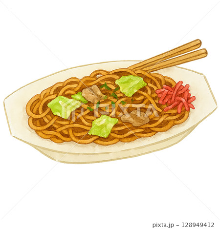 焼きそばの屋台イラスト（PNG切り抜き） 128949412