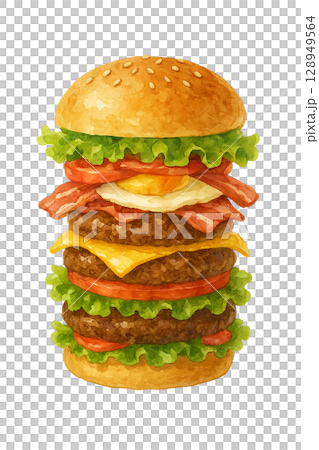 重ねバーガーイラスト（PNG切り抜き） 128949564