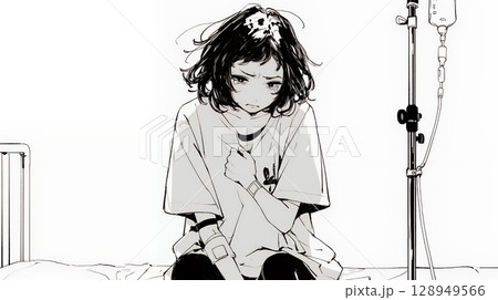 病院のベッドに腰掛けて気落ちしている女性（シンプルな色使い）
