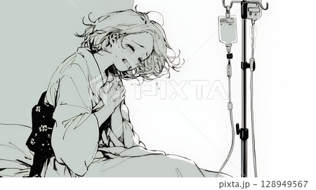 病院のベッドに腰掛けて気落ちしている女性（シンプルな色使い）