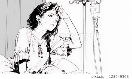 病院のベッドに腰掛けて気落ちしている女性（シンプルな色使い）