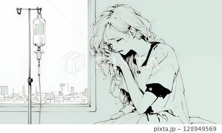 病院のベッドに腰掛けて気落ちしている女性（シンプルな色使い）