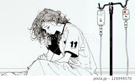 病院のベッドに腰掛けて気落ちしている女性（シンプルな色使い）